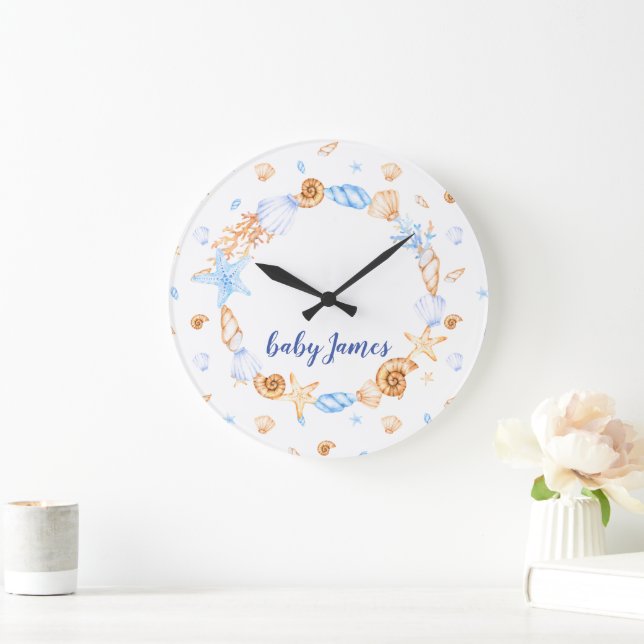 Coastal Sea Shells Nursery Baby Large Clock (Home)