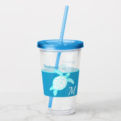 Coastal Sea Turtle  Blue Teal White Acrylic Tumbler