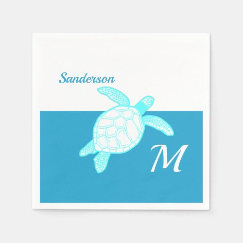 Coastal Sea Turtle  Blue Teal White  Napkins