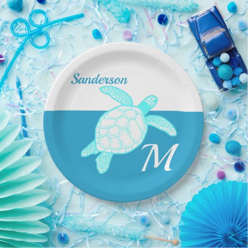 Coastal Sea Turtle  Blue Teal White  Paper Plates