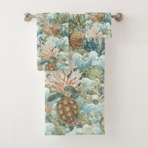 Coastal Sea Turtle & Coral Reef Summer  Bath Towel Set