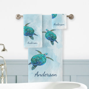 Coastal Sea Turtle Ocean Aqua Blue Bath Towel Set