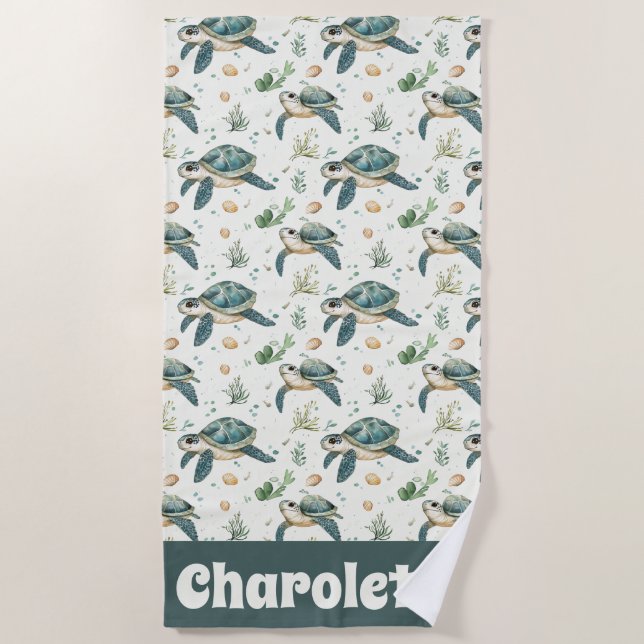Coastal Sea Turtle Pattern Beach Towel (Front)
