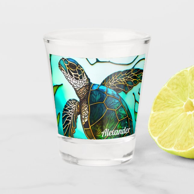  Coastal Sea Turtle Tropical Teal Blue Green  Shot Glass (Front)