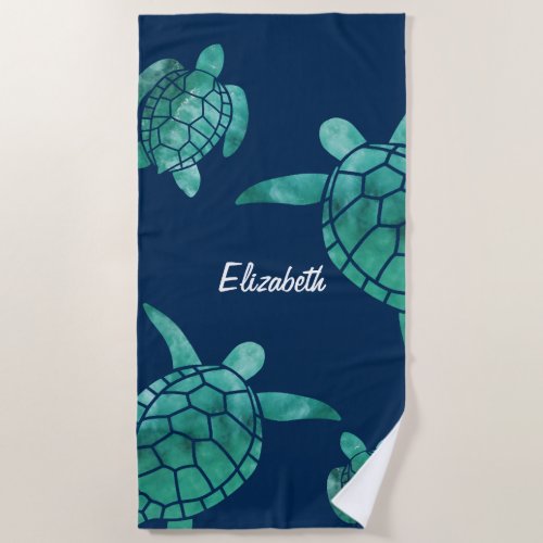 Coastal Sea Turtles Teal Blue Custom Name Beach Beach Towel