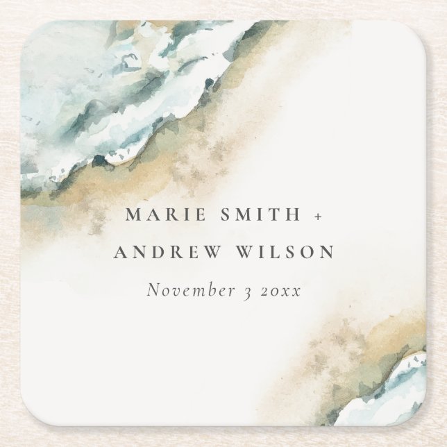 Coastal Sea Waves Sand Beach Nautical Wedding Square Paper Coaster (Front)