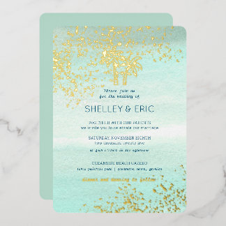 Coastal Seafoam Wedding Watercolor Foil Invitation