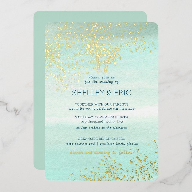 Coastal Seafoam Wedding Watercolor Foil Invitation (Front/Back)