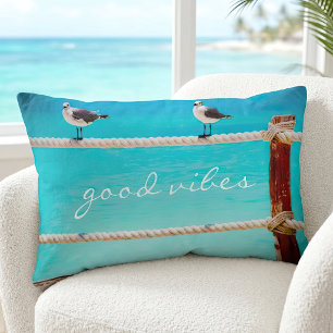 Coastal Seagull Beach Bird Good Vibes Quote Script Lumbar Pillow