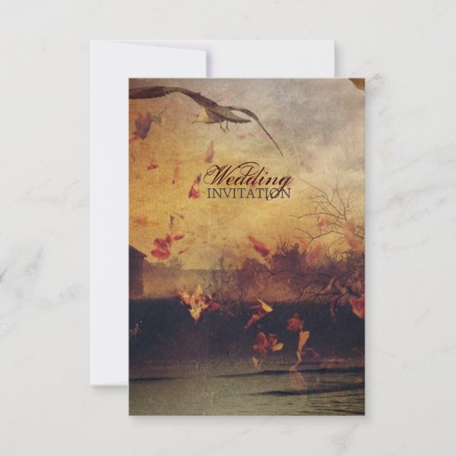 coastal seagull rustic fall leaves autumn wedding invitation (Front)