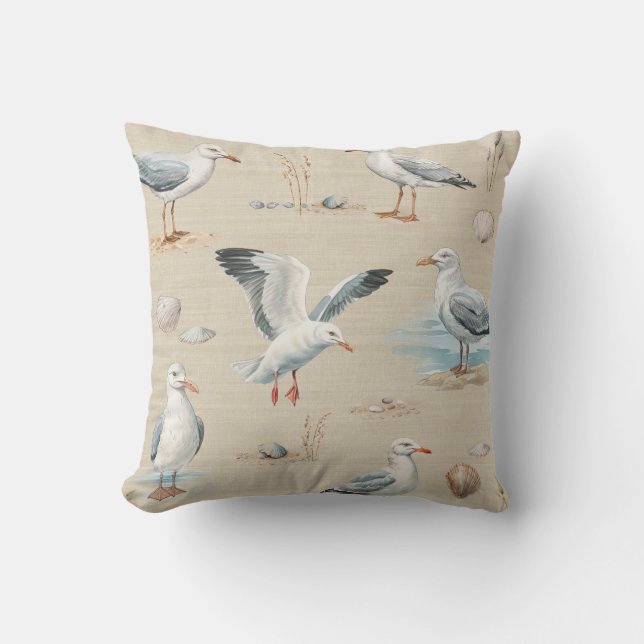 Coastal Seagull Throw Pillow (Front)
