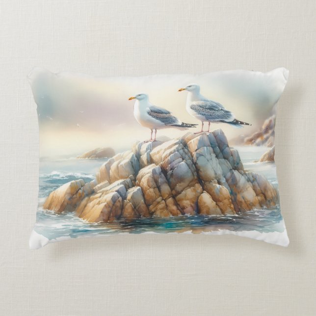 Coastal Seagulls Watercolor Seascape Accent Pillow (Front)