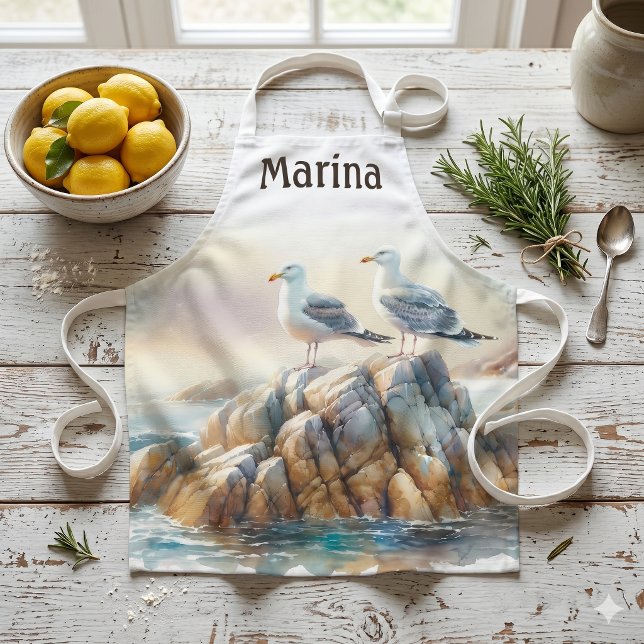 Coastal Seagulls Watercolor Seascape Apron (Coastal Seagulls Watercolor Seascape Apron)