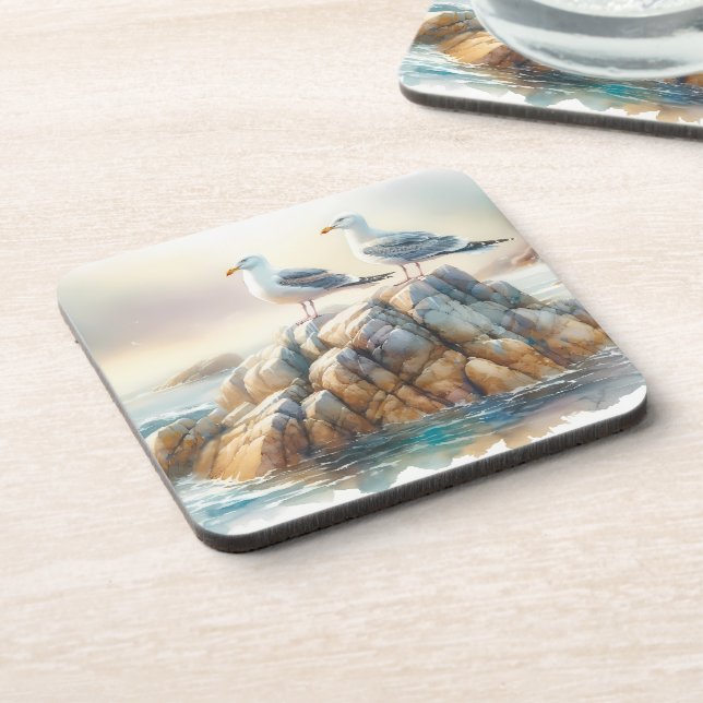 Coastal Seagulls Watercolor Seascape Beverage Coaster (Left Side)