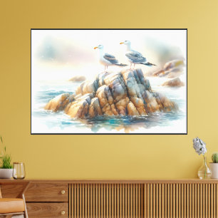 Coastal Seagulls Watercolor Seascape Canvas Print