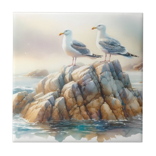 Coastal Seagulls Watercolor Seascape Ceramic Tile (Front)