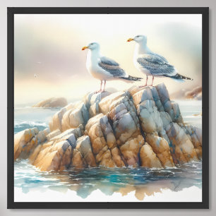 Coastal Seagulls Watercolor Seascape Framed Art