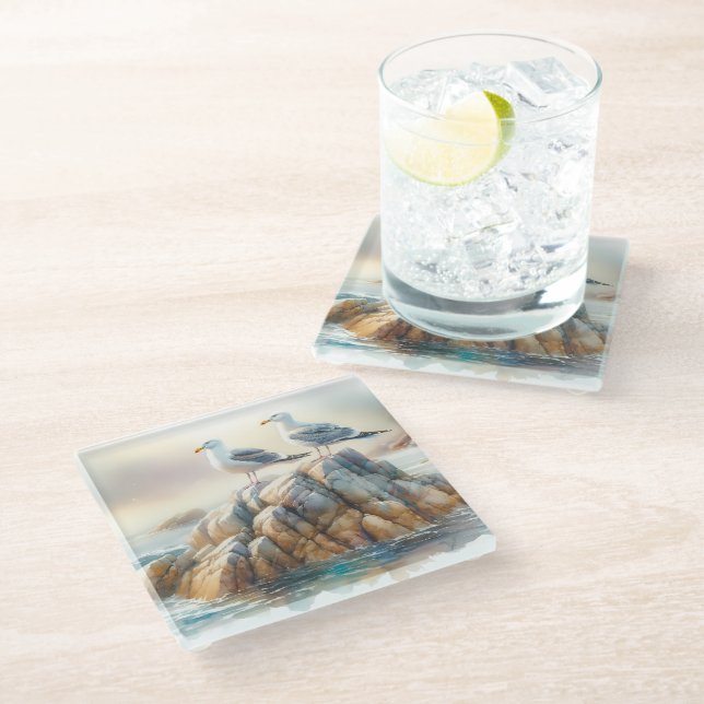 Coastal Seagulls Watercolor Seascape Glass Coaster (Angled)