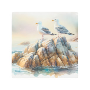 Coastal Seagulls Watercolor Seascape Metal Print