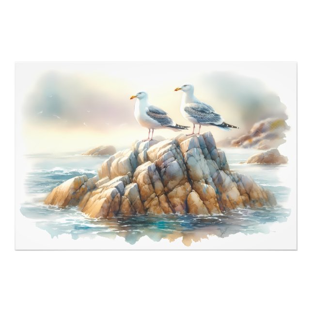 Coastal Seagulls Watercolor Seascape Photo Print (Front)