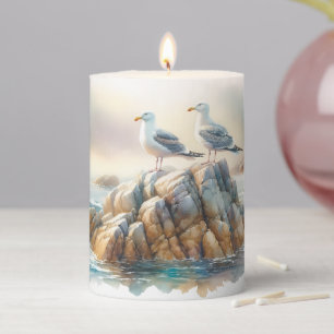Coastal Seagulls Watercolor Seascape Pillar Candle