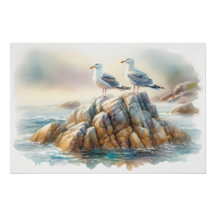 Coastal Seagulls Watercolor Seascape Poster