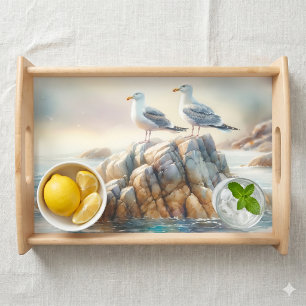 Coastal Seagulls Watercolor Seascape Serving Tray