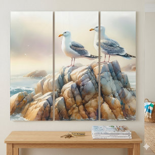 Coastal Seagulls Watercolor Seascape Triptych