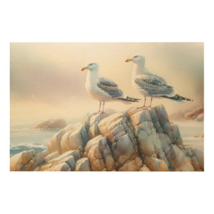 Coastal Seagulls Watercolor Seascape Wood Wall Art