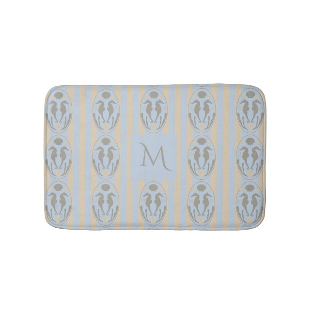 Coastal Seahorse Cameo Blue Cream Strip Monogram Bath Mat (Front)