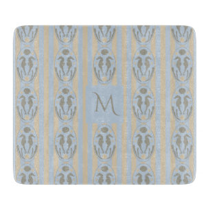 Coastal Seahorse Cameo Blue Cream Strip Monogram Cutting Board