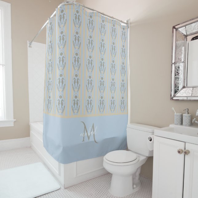 Coastal Seahorse Cameo Blue Cream Strip Monogram  Shower Curtain (In Situ)