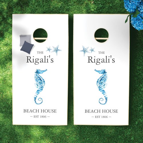 Coastal Seahorse Family Name Beach House Cornhole Set