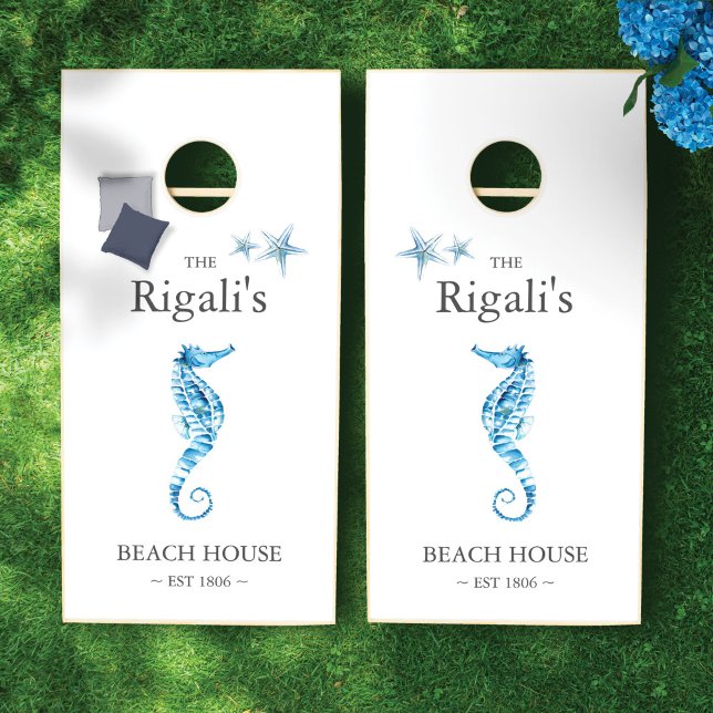 Coastal Seahorse Family Name Beach House Cornhole Set (Creator Uploaded)