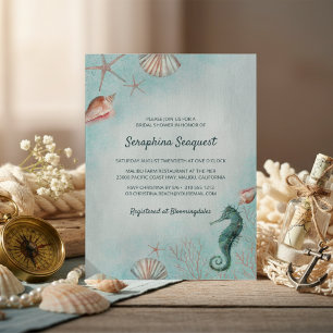 Coastal Seahorse Seashell Beach Bridal Shower Invitation