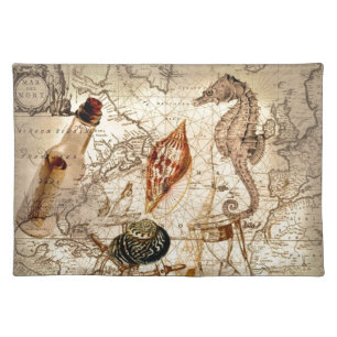 Coastal seahorse seashell Nautical Map Cloth Placemat