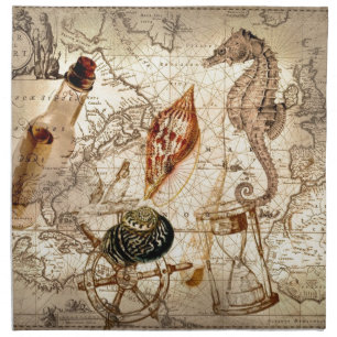 Coastal seahorse seashell Nautical Map Napkin