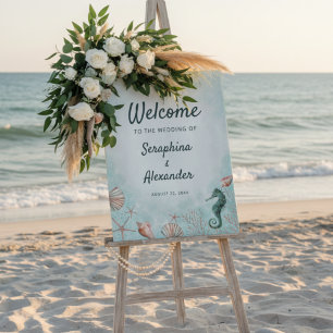 Coastal Seahorse & Seashell Wedding Welcome Sign