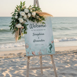 Coastal Seahorse & Seashell Wedding Welcome Sign