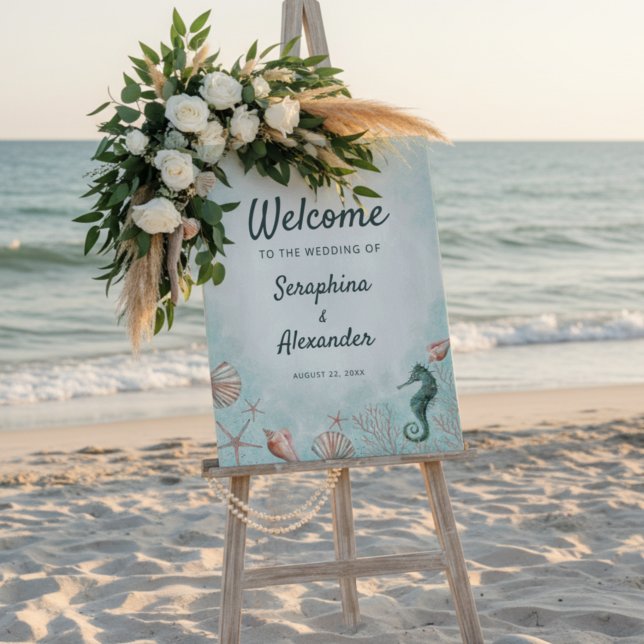 Coastal Seahorse & Seashell Wedding Welcome Sign (Creator Uploaded)
