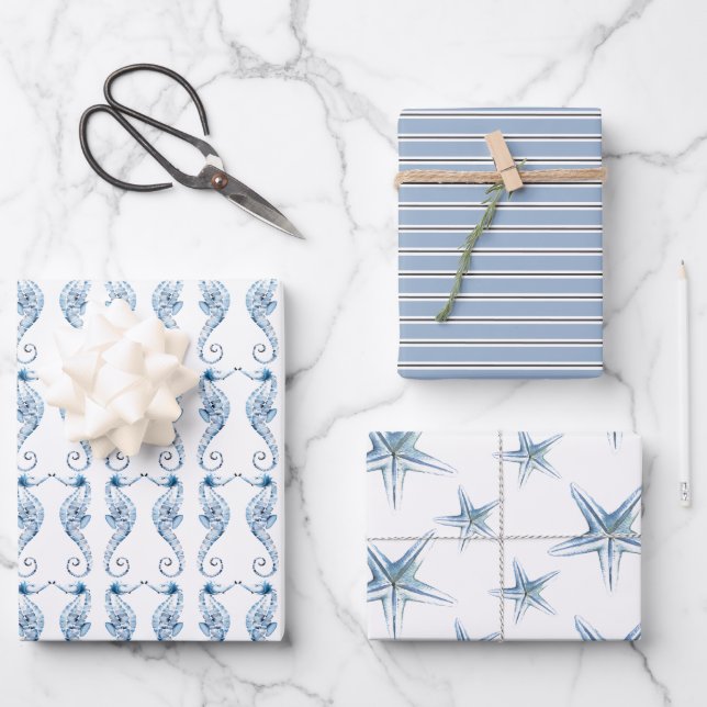 Coastal Seahorse & Starfish Wrapping Paper Sheets (Front)