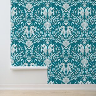 Coastal Seahorses Damask Teal Blue Wallpaper