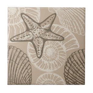 Coastal sealife starfish and shells in beige ceramic tile