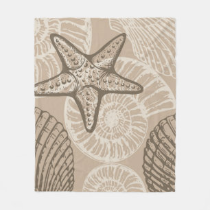 Coastal sealife starfish and shells in beige fleece blanket