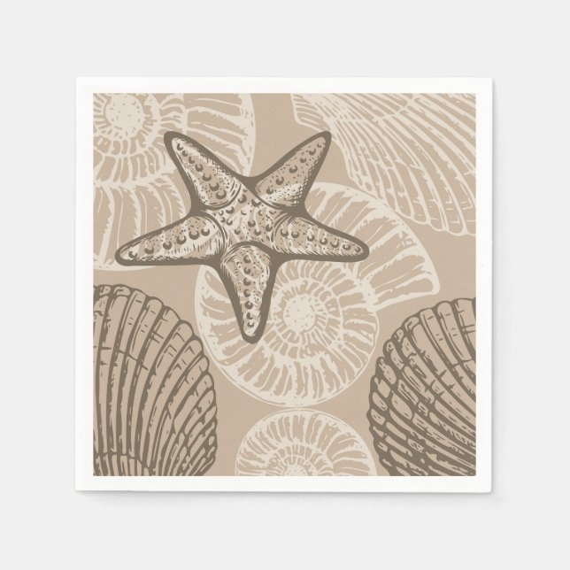 Coastal sealife starfish and shells in beige napkins (Front)
