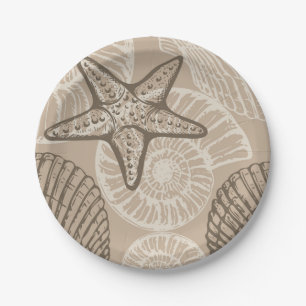 Coastal sealife starfish and shells in beige paper plates