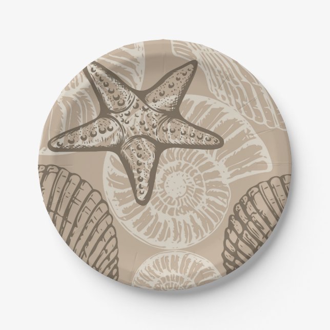 Coastal sealife starfish and shells in beige paper plates (Front)