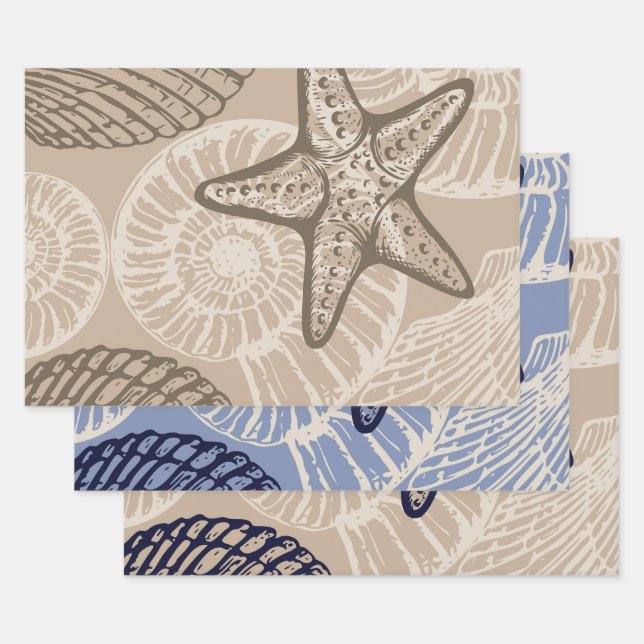 Coastal sealife starfish and shells in beige wrapping paper sheets (Set)