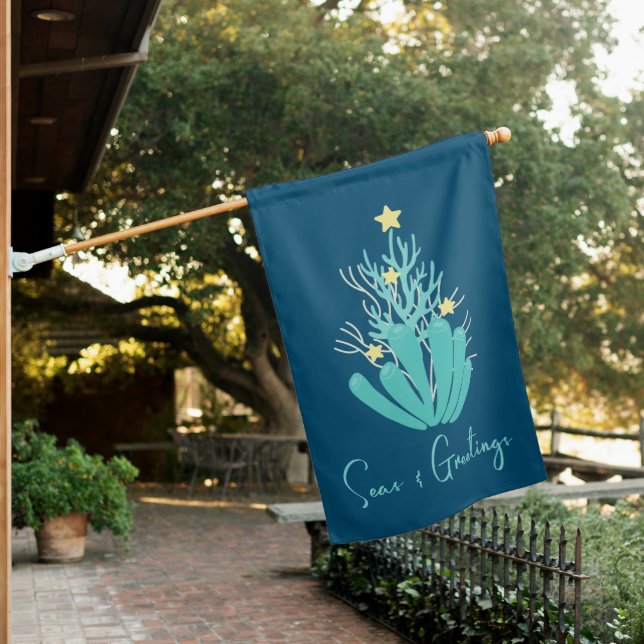 Coastal Seas and Greetings Coral Tree House Flag (In SItu)