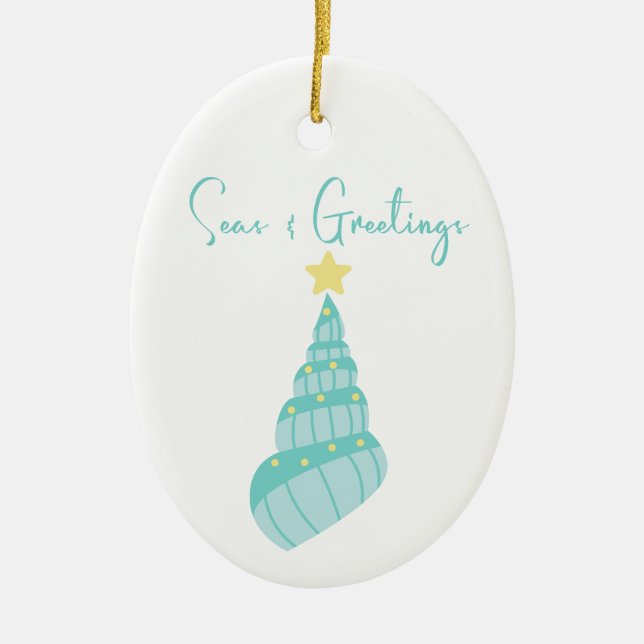 Coastal Seas and Greetings Shell Tree Ceramic Ornament (Front)